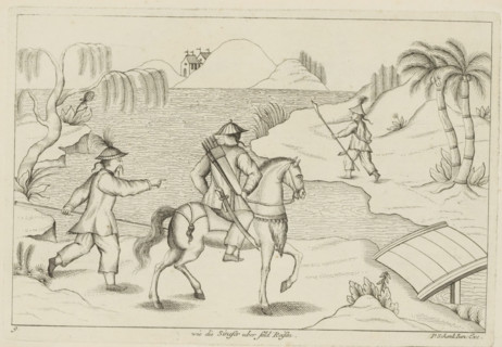 Chinese travelers, Wie die Sineser uber feld Reisen, Chinese customs, print, album page, ornamental