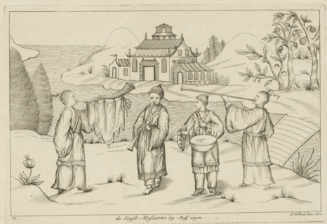 The Chinese musicians pulling out, Landscape with four Chinese musicians, Chinese customs, print,