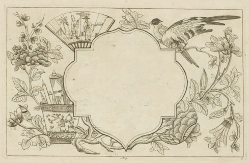 Cartouche surrounded by Chinese motifs, flowers and birds, Chinese flowers and birds, print, album
