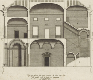 Taglio per fianco della parte interiore dal altro capo della, sala grande verso la loggia et