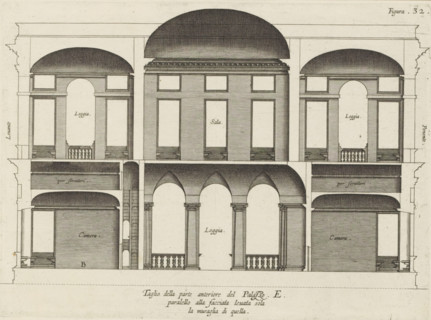 Taglio della parte anteriore del Palazzo. E., paralello alla facciata leuata sola, la muraglia di