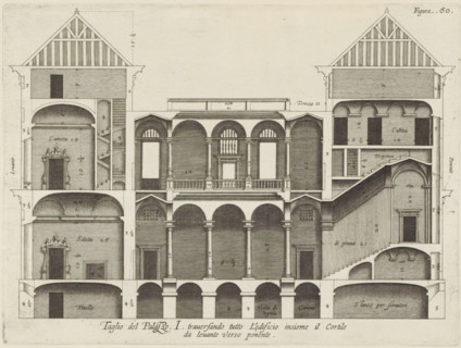 Taglio del Palazzo. I. traversando tutto l'edificio insieme il cortile, da levante verso ponente,
