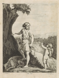 Apollo and Cupid, print, album page, Apollo stands with one foot on a sheep. He points in the