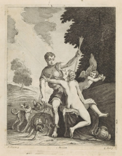 Venus tries to prevent Adonis from going hunting, print, album page, Adonis is ready to go hunting.