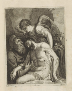 Lamentation of Christ, print, album page, An angel supports the body of Christ. On the left