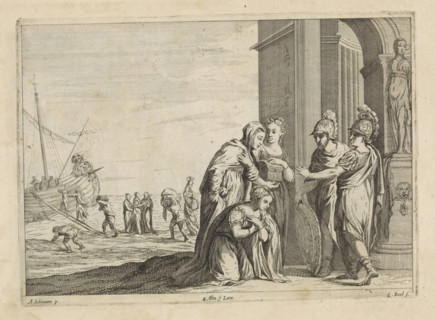Departure of Aeneas, print, album page, Anna, Dido's sister, begs Aeneas not to go. Two women hold