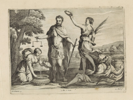 Man with sword and scales, possibly Scipio Africanus Major, print, album page. On the left, the