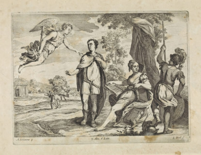 Aeneas is called away from Dido, print, album page, Dido sits among some books under a tree. Next