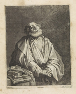 St. Peter in prayer, print, album page, Next to him books on a table. This print is part of an