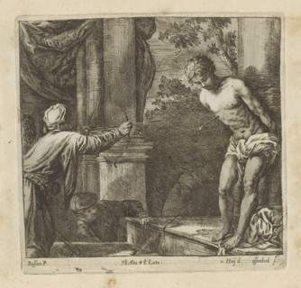 Martyrdom of St. Sebastian, print, album page, St. Sebastian stands tied to a pillar. He is being