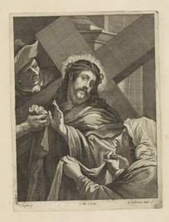The Carrying of the Cross by Christ with Veronica, print, album page, On the left possibly Simon of