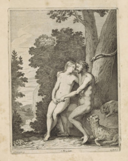 Temptation of Adam and Eve, print, album page, Adam embraces Eve and takes the apple. The serpent