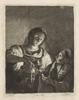 Judid with the Head of Holofernes, print, album page, Next to Judith stands the maid about to put