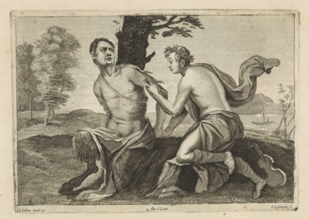 Apollo flays Marsyas, print, album page, After the music contest, Apollo tied Marsyas to a tree and