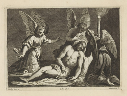 Lamentation of Christ by three angels, print, album page, One angel supports Christ's body and