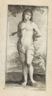 Martyrdom of St. Sebastian, print, album page, St. Sebastian stands tied to a tree. His body is