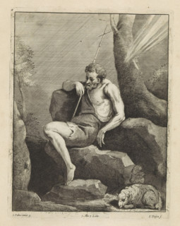 St. John the Baptist on a rock, print, album page, In his hand the reed cross. Beside him the lamb.