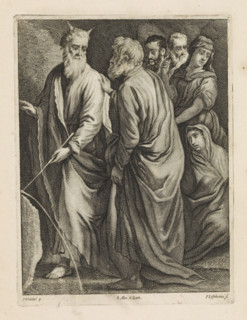 Moses strikes water from the rock, print, album page, Moses strikes water from a rock with his