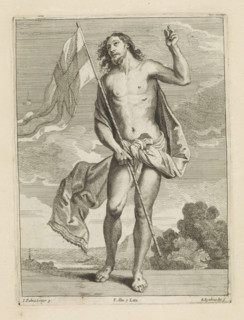 Risen Christ, print, album page, Christ stands with a banner in his hand and looks upwards. With