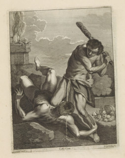 Cain beats Abel to death, print, album page, Cain attacks his brother with a club. He presses the