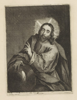 Christ as Salvator Mundi, print, album page, Christ as Savior of the World. His right hand rests on