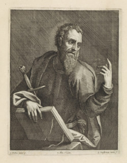H. Paulus, print, album page, The Apostle Paul with an open book and a sword. This print is part of
