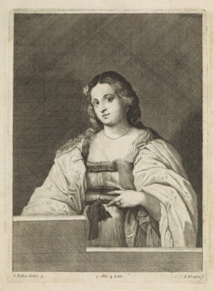 Portrait of an unknown woman, print, album page, She stands behind a low wall. This print is part