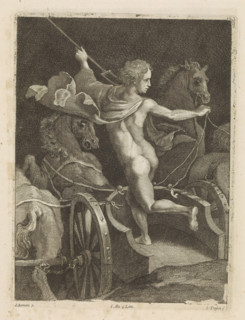 Pluto in his chariot, print, album page, Pluto stands in his chariot, which is drawn by four horses