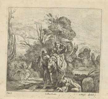 Flight into Egypt, print, album page, Joseph leads the donkey with Mary and the Christ Child