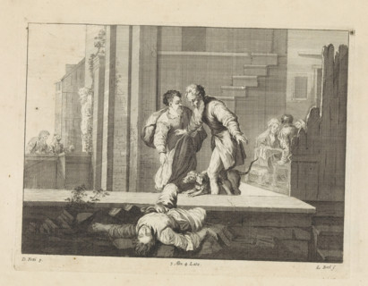 Tobias shows Tobit the murdered Israelite, print, album page, Tobias has taken his father Tobit