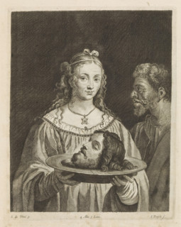 Salome with the head of John the Baptist, print, album page. She displays the head on a platter.