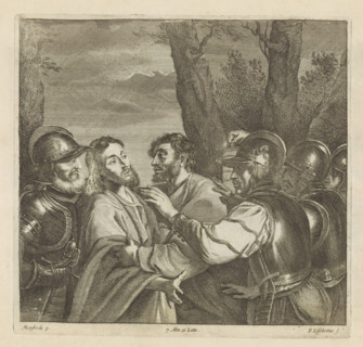The Capture of Christ, print, album page, Judas embraces Christ to make it clear to the soldiers