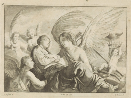 Ascension of St. Catherine of Alexandria, print, album page, The body of St. Catherine is supported