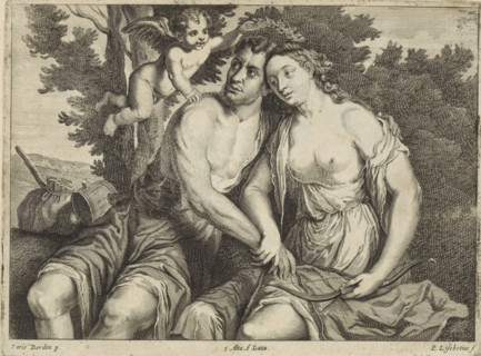 Venus and Adonis, print, album page, Venus and her beloved Adonis caress each other. They are