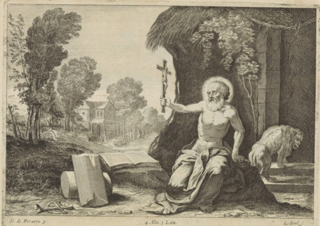 St. Jerome, print, album page, St. Jerome sits on a stone and holds up a crucifix. In front of him