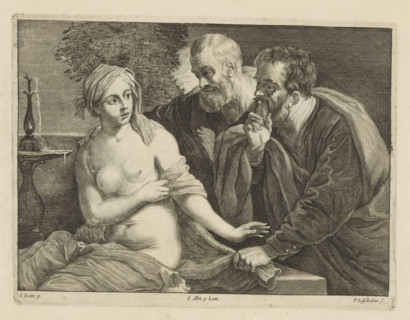 Susanna and the Elders, print, album page, Susanna bathes in the garden. Two elders try to seduce
