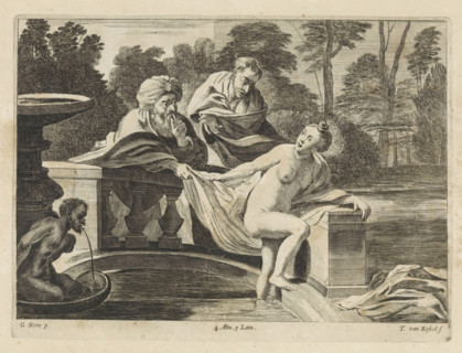 Susanna and the Elders, print, album page, Susanna bathes in a fountain in her garden. One of the
