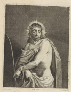 Ecce Homo, print, album page, Christ after the scourging and mockery. His hands are bound. He wears