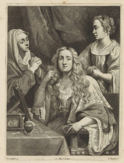 Marta rebukes Mary Magdalene, print, album page, Mary Magdalene sits at a dressing table while her