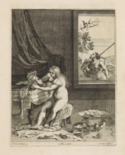 Venus using the toilet, print, album page, Venus sits naked on a stool and looks at herself in a