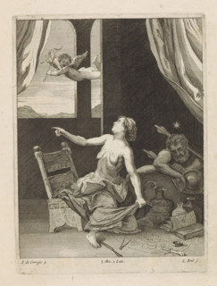 Amor with a sorceress and a sleeping soldier, print, album page, A half-naked sorceress with