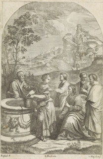 Christ and the Samaritan woman, print, album page, Christ, seated and with raised finger, asks the