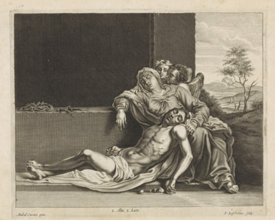 Lamentation of Christ (Pieta), print, album page, The grieving Mary leans with two angels on a