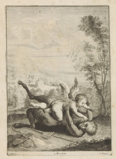 Battle between Cupid and Pan, print, album page, Beside them lie their attributes. In the