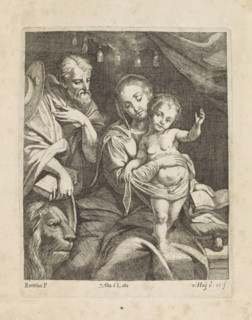 Mary with the Christ Child beside St. Jerome, print, album page, Mary shows an open book. This