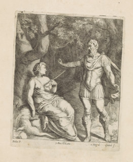 Cephalus and Procris, print, album page, Procris is slumped under a tree. She has been struck by an