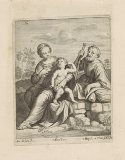 Holy Family in a landscape, print, album page, Christ stands by Mary. Joseph leans on a sack on a