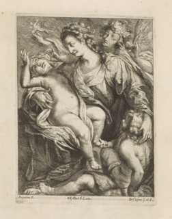 Mary with the Christ Child and St. John, print, album page, Behind them an angel. This print is