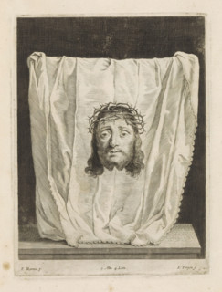 Veronica cloth (sudarium), print, album page, Sudarium with an image of the face of Christ. This