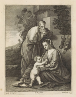 Holy Family in a landscape, print, album page, Joseph leans against a wall. Behind Mary the ox and